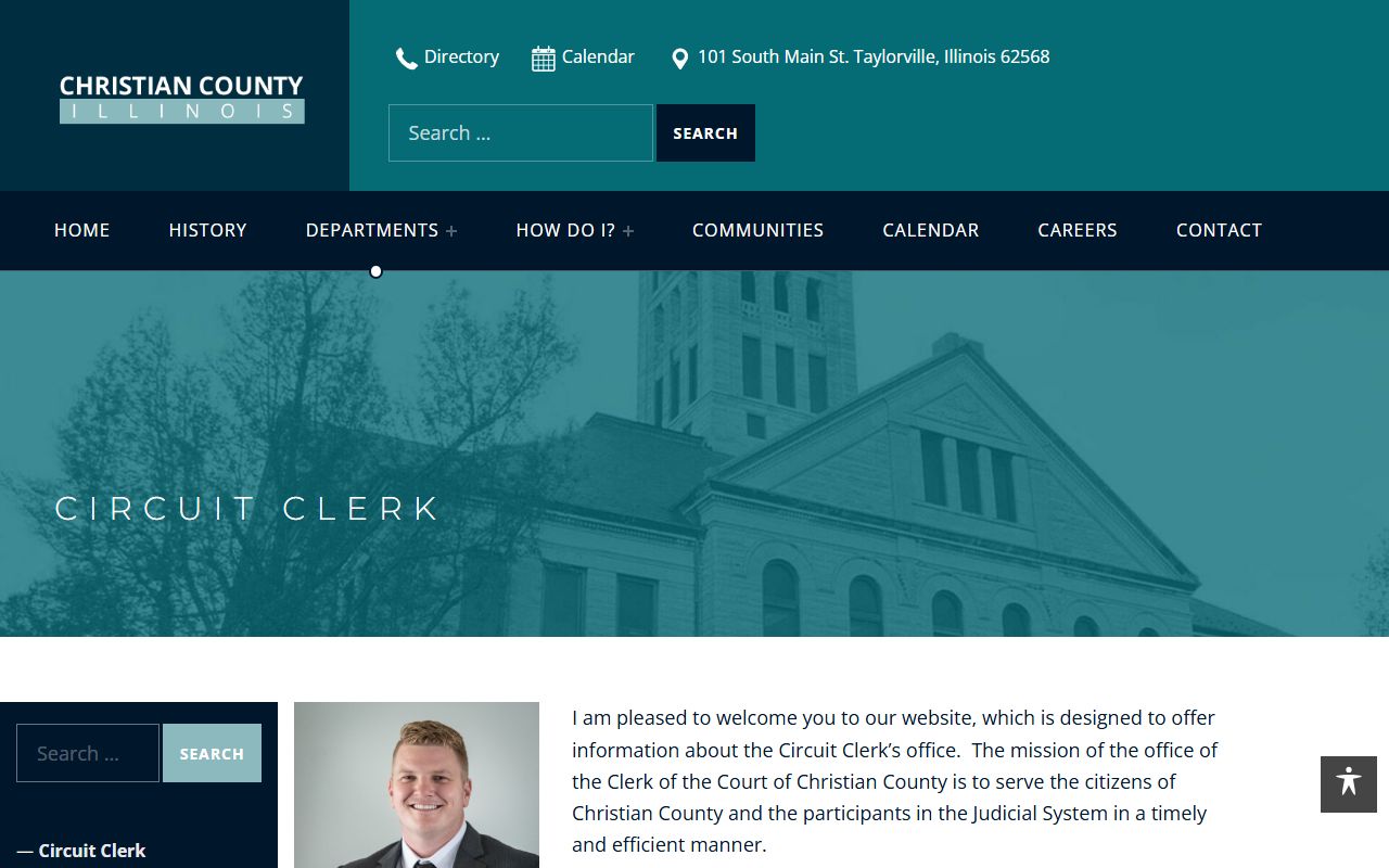 Christian County Circuit Court Clerk website showing criminal court records search and office information in Taylorville Illinois