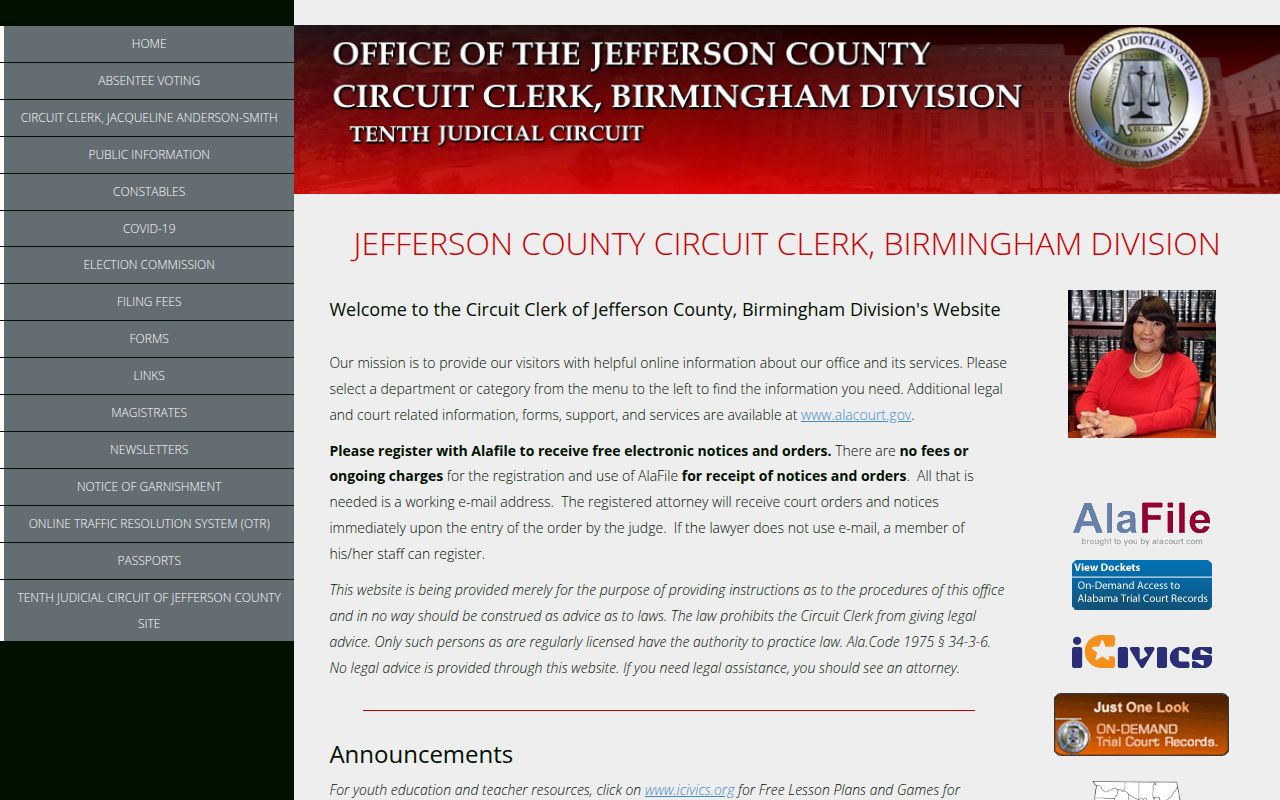 Jefferson County Circuit Court Clerk website in Mt. Vernon Illinois showing case access and office information