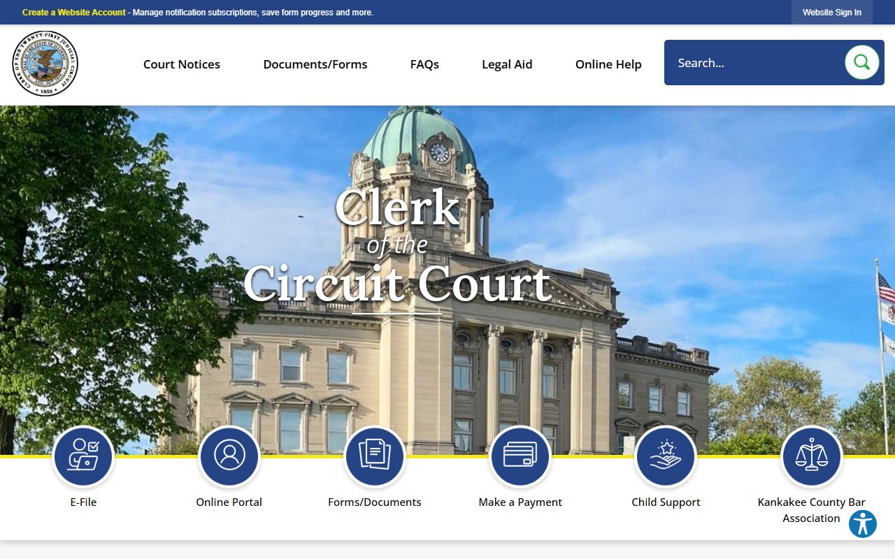 Kankakee County Circuit Court Clerk website homepage showing case search and office information