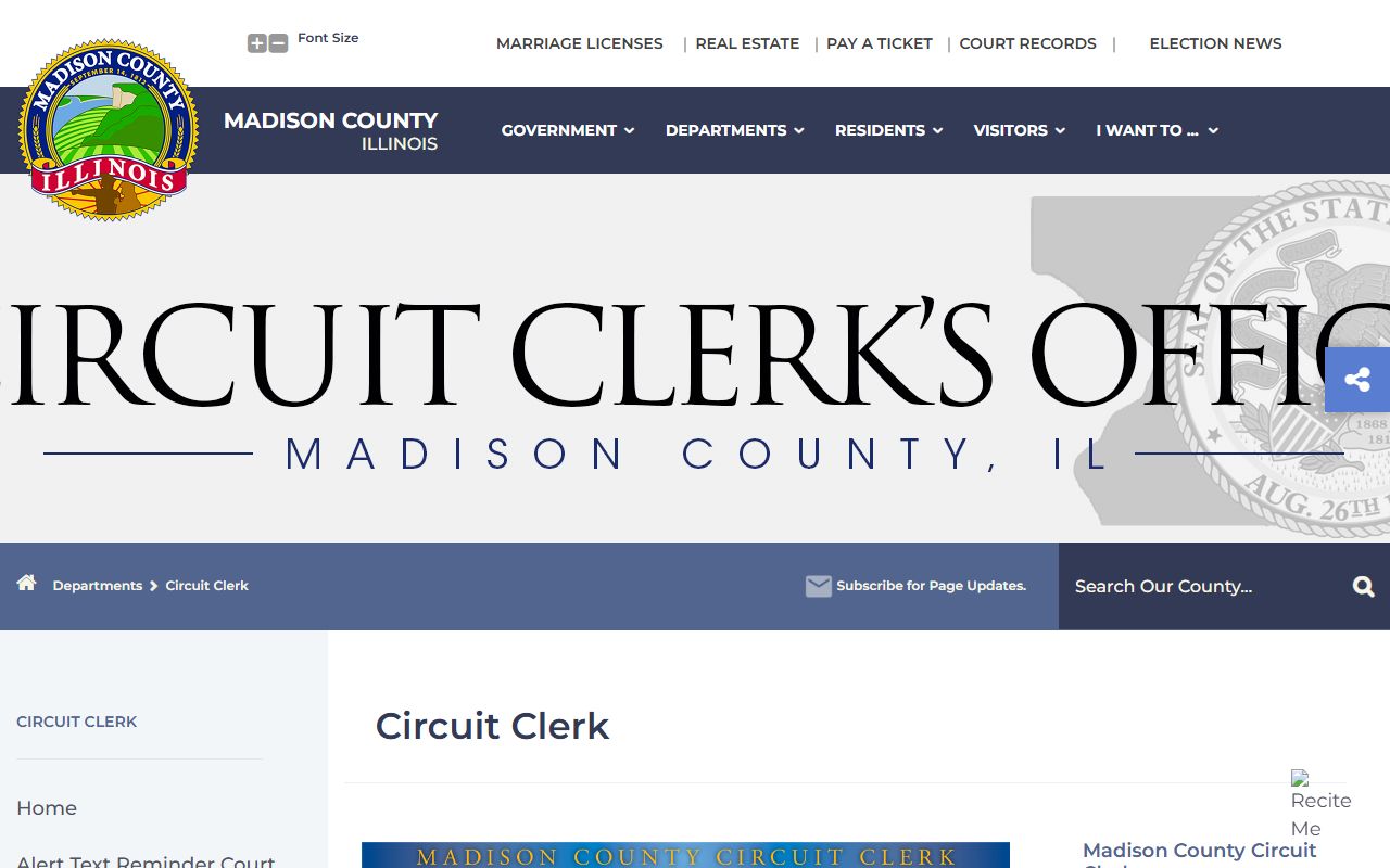 Madison County Circuit Clerk homepage showing criminal court records services in Edwardsville, Illinois