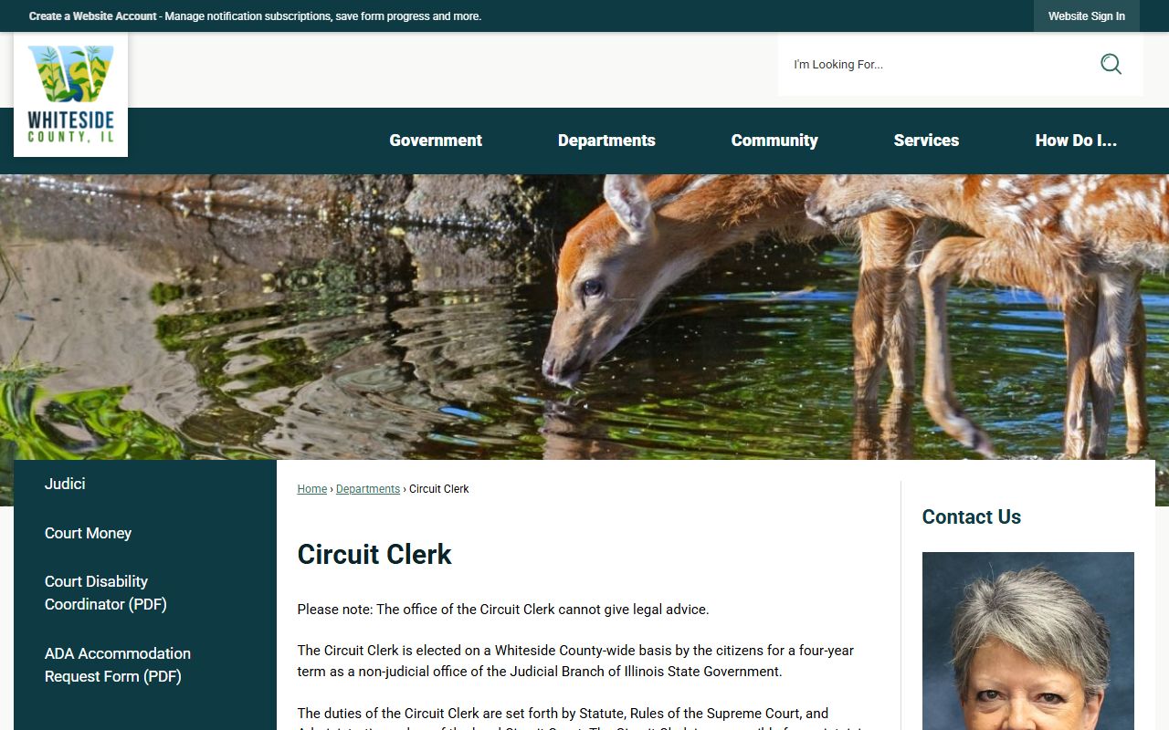 Whiteside County Circuit Clerk website showing records access and court services in Morrison, Illinois
