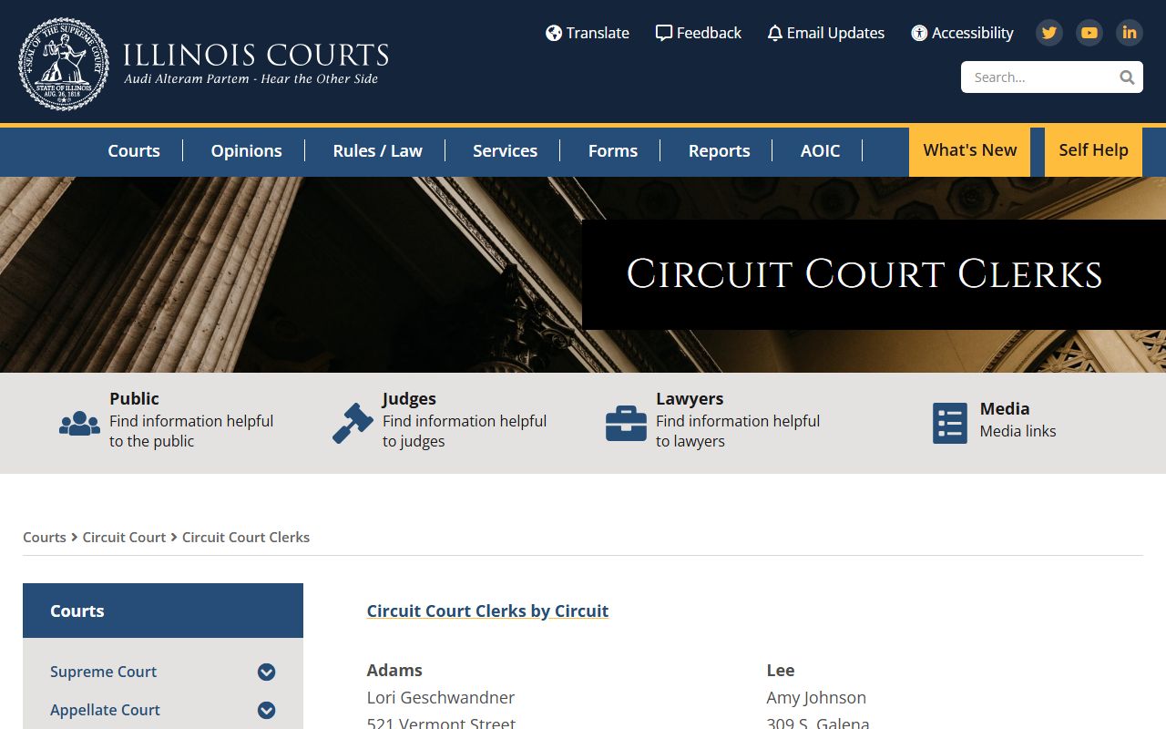 Illinois Circuit Court Clerks directory for locating county criminal court records contacts statewide