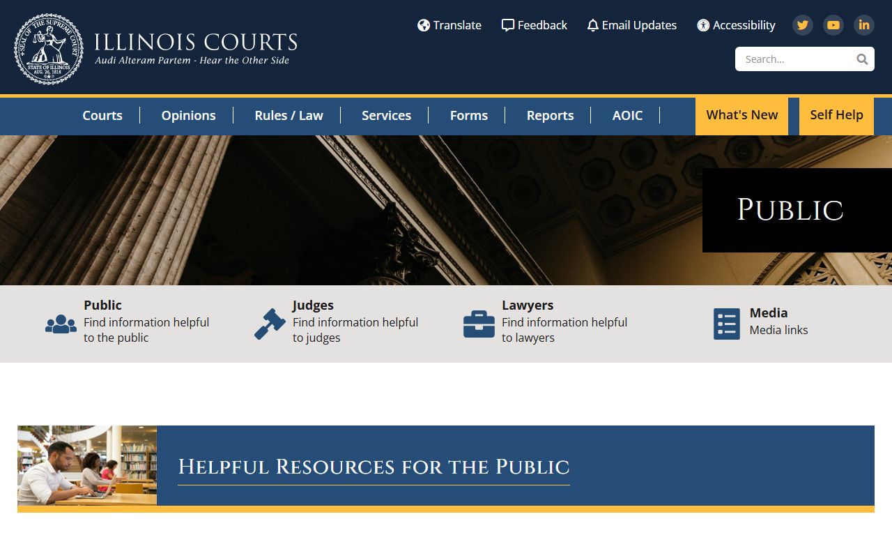 Illinois Courts public resources page with tools for finding criminal court records and self-help guides