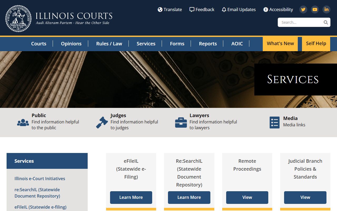 Illinois Courts e-services portal with tools for accessing and filing criminal court records
