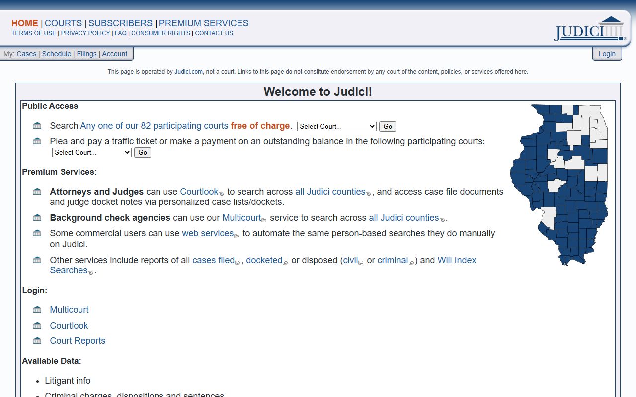 Judici third-party platform for searching Illinois county criminal court records by name or case number
